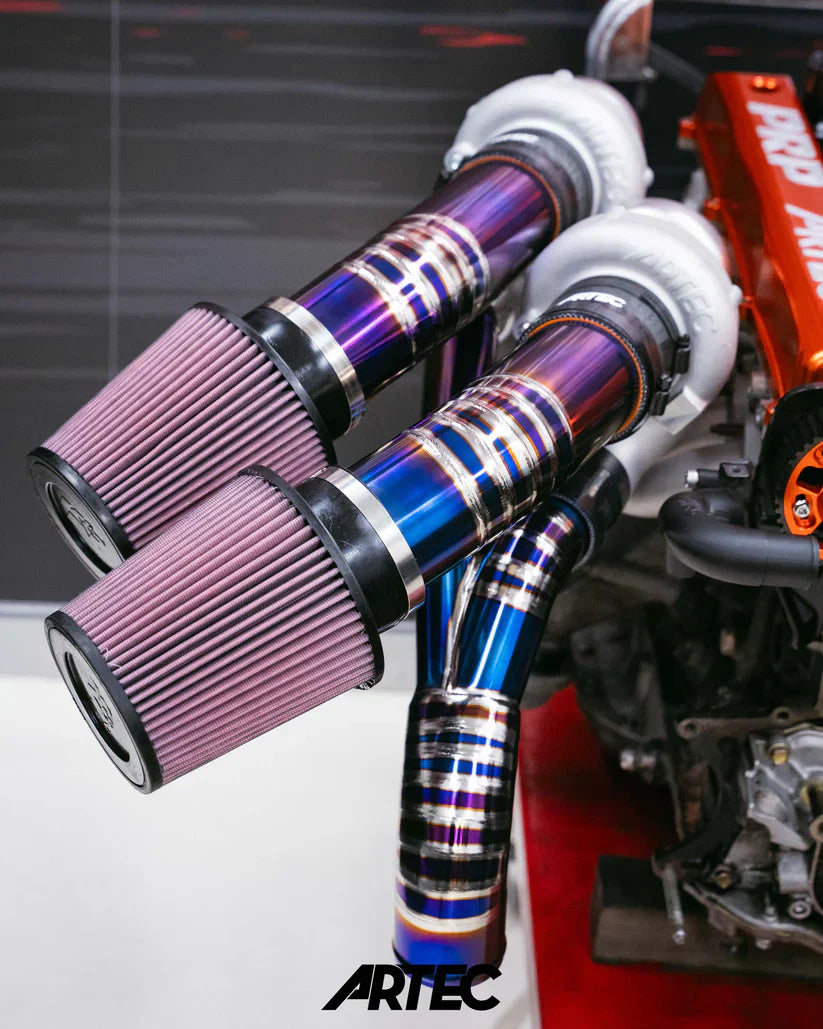Purple and blue Artec cold air intake with black filter for Twin Turbo Kit