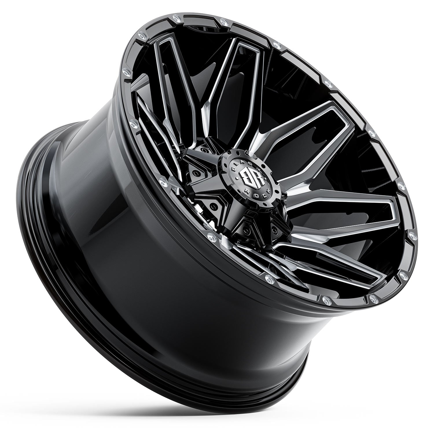20-inch Black Rock Invader gloss black milled wheel with chrome spokes