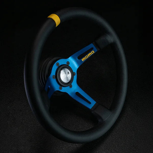 Blue Momo MOD. 08 330 steering wheel with black leather and yellow accents