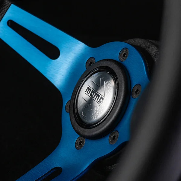 Blue MOD. 08 330 racing steering wheel with black accents and Monza logo