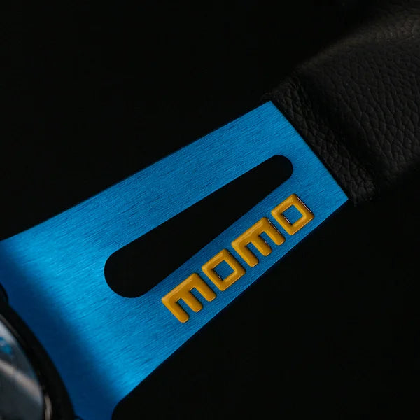 Blue Momo MOD. 08 330 steering wheel cover with yellow logo and cutouts