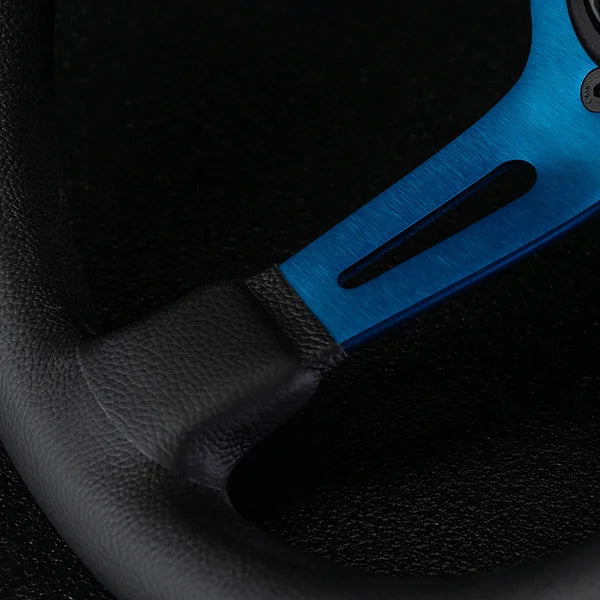 Blue MOD. 08 330 racing steering wheel with black leather grip and silver accents