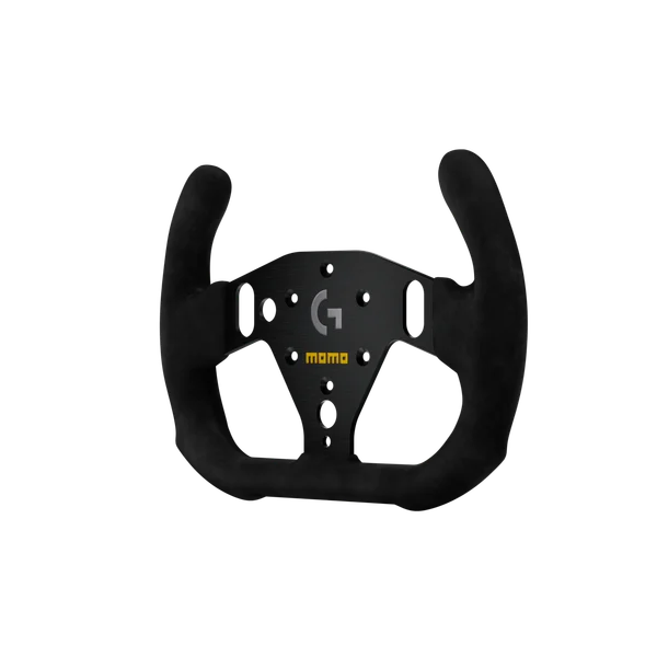Black Logitech G MOMO racing wheel with yellow accents in G SIM GT-Racer 290